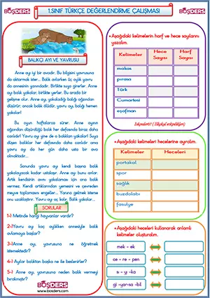 1.Sınıf Ara Tatil Türkçe Ödevi – (2.Dönem – 01) - Boş Ders